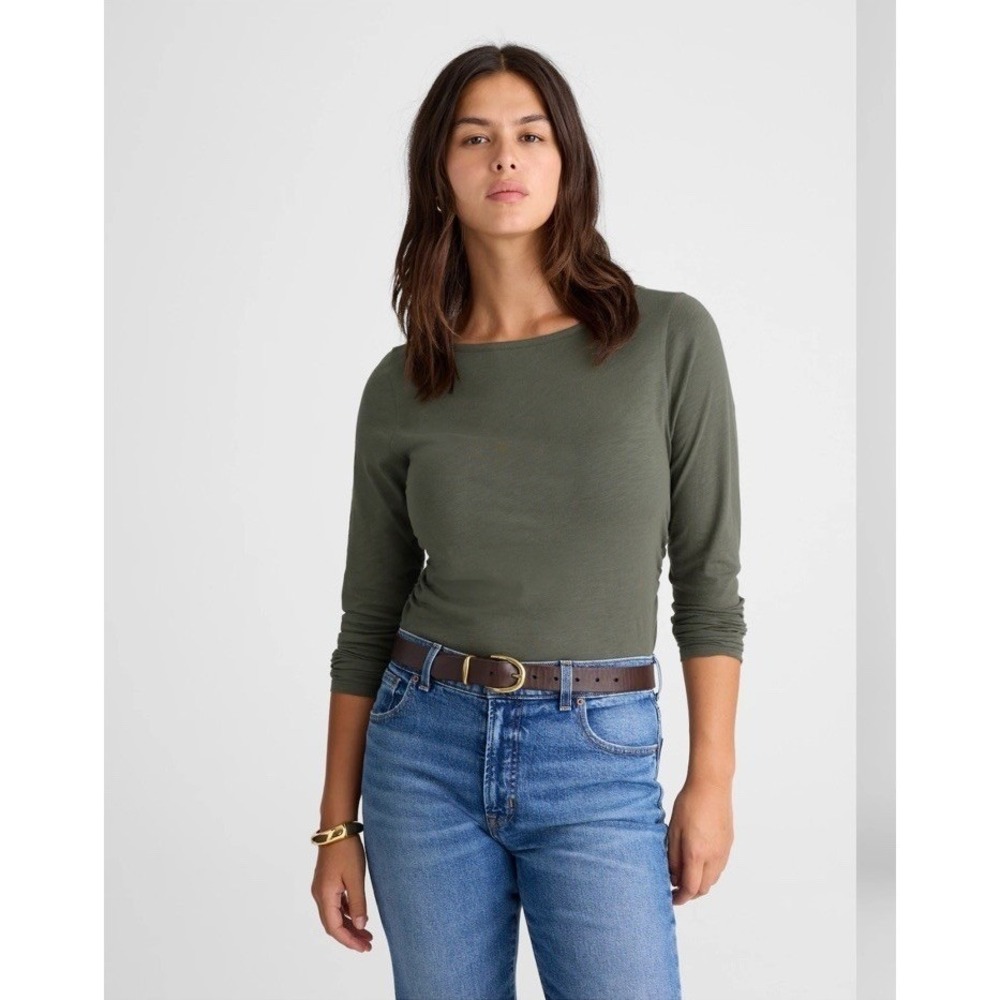 Madewell NWT Ruched Crewneck Long-Sleeve Tee in Soft Slub Smokey Laurel Green XS
